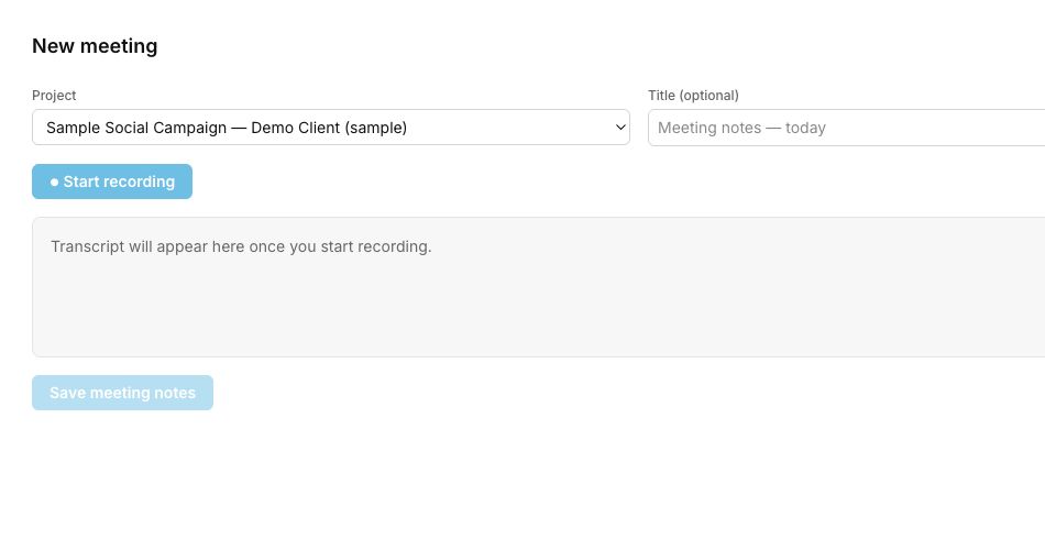 Amplify OS AI Notetaker ready to transcribe a meeting for a sample project