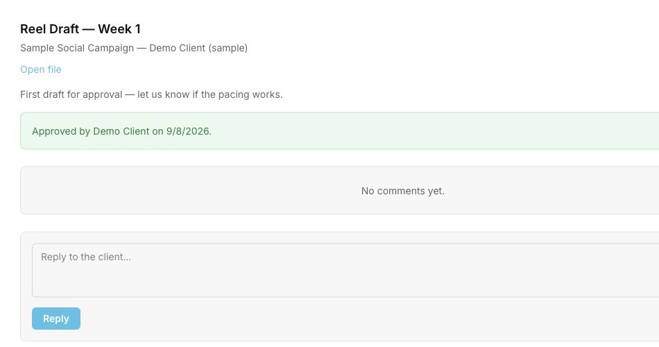 Amplify OS asset record showing who approved the deliverable and the approval date