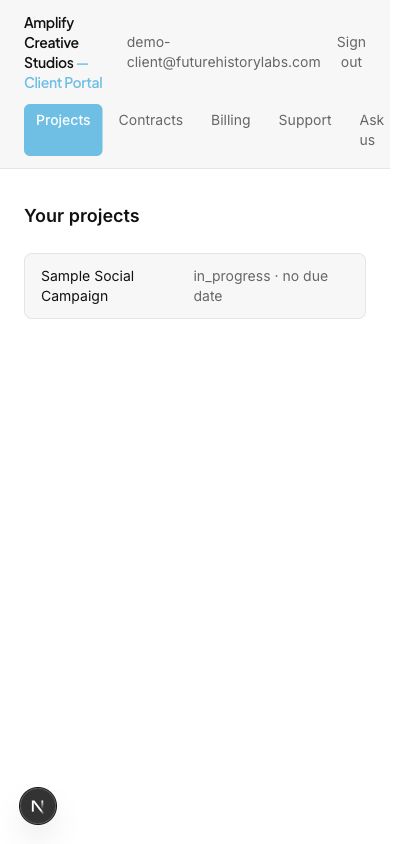 Amplify OS client portal projects screen on a mobile phone