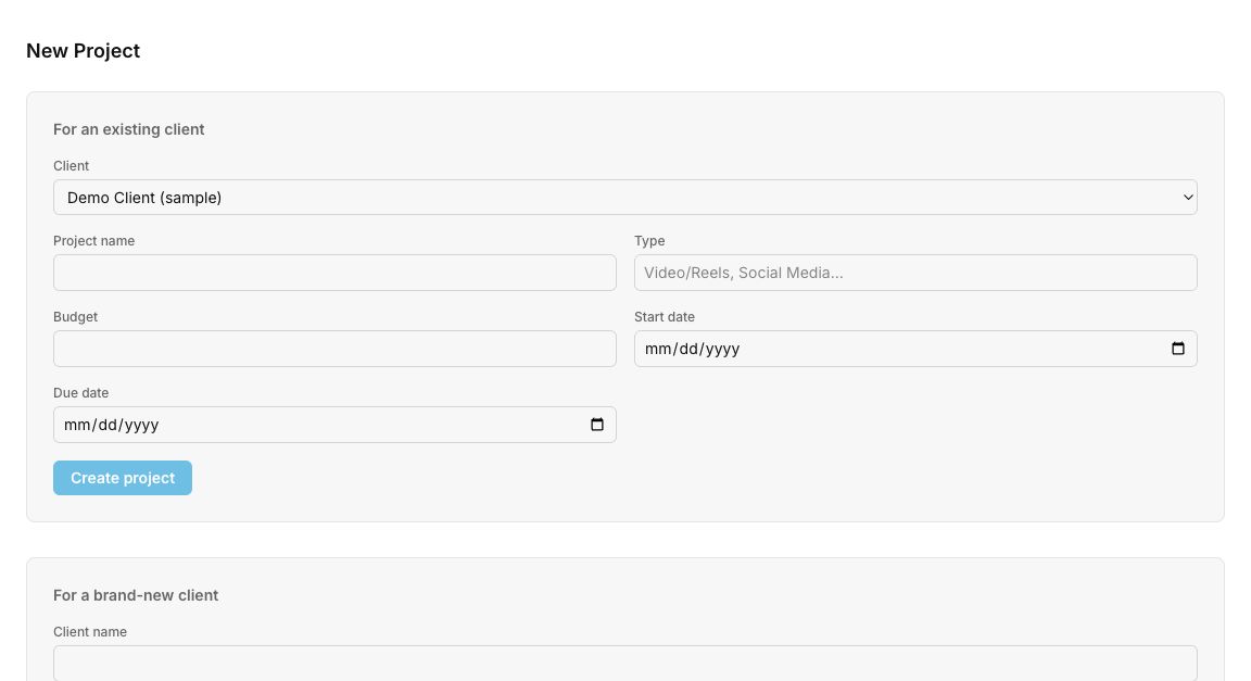 Amplify OS new project form for an existing or new client