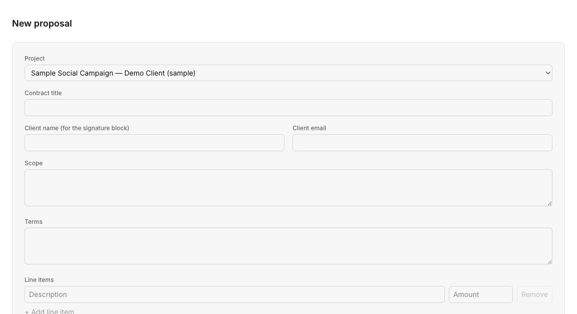 Amplify OS proposal builder with contract, scope, terms, and line items