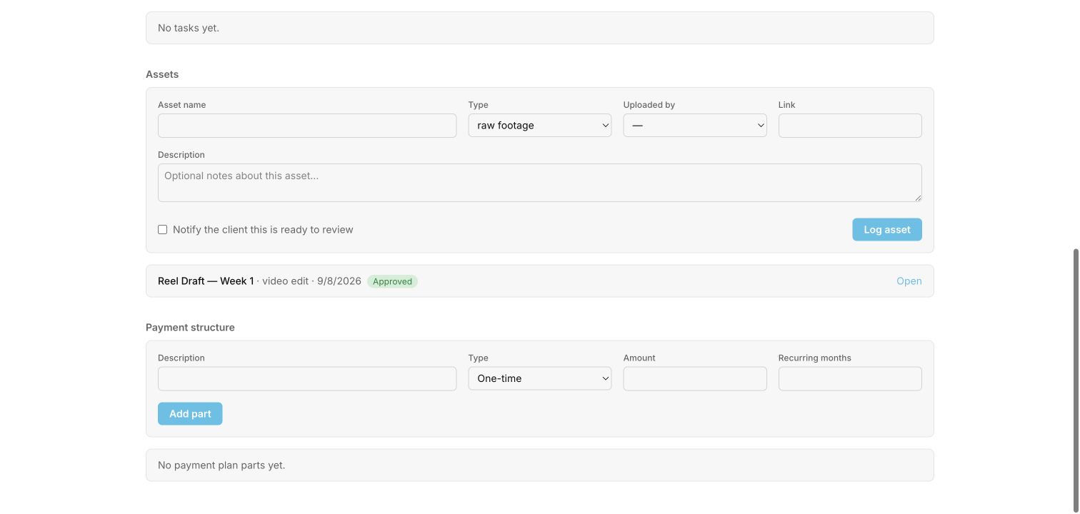 Live Amplify OS project record with assets, approvals, and billing controls