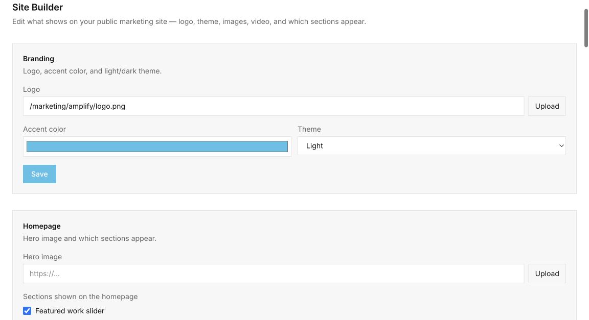 Amplify OS Site Builder with logo, accent color, light or dark theme, and homepage controls