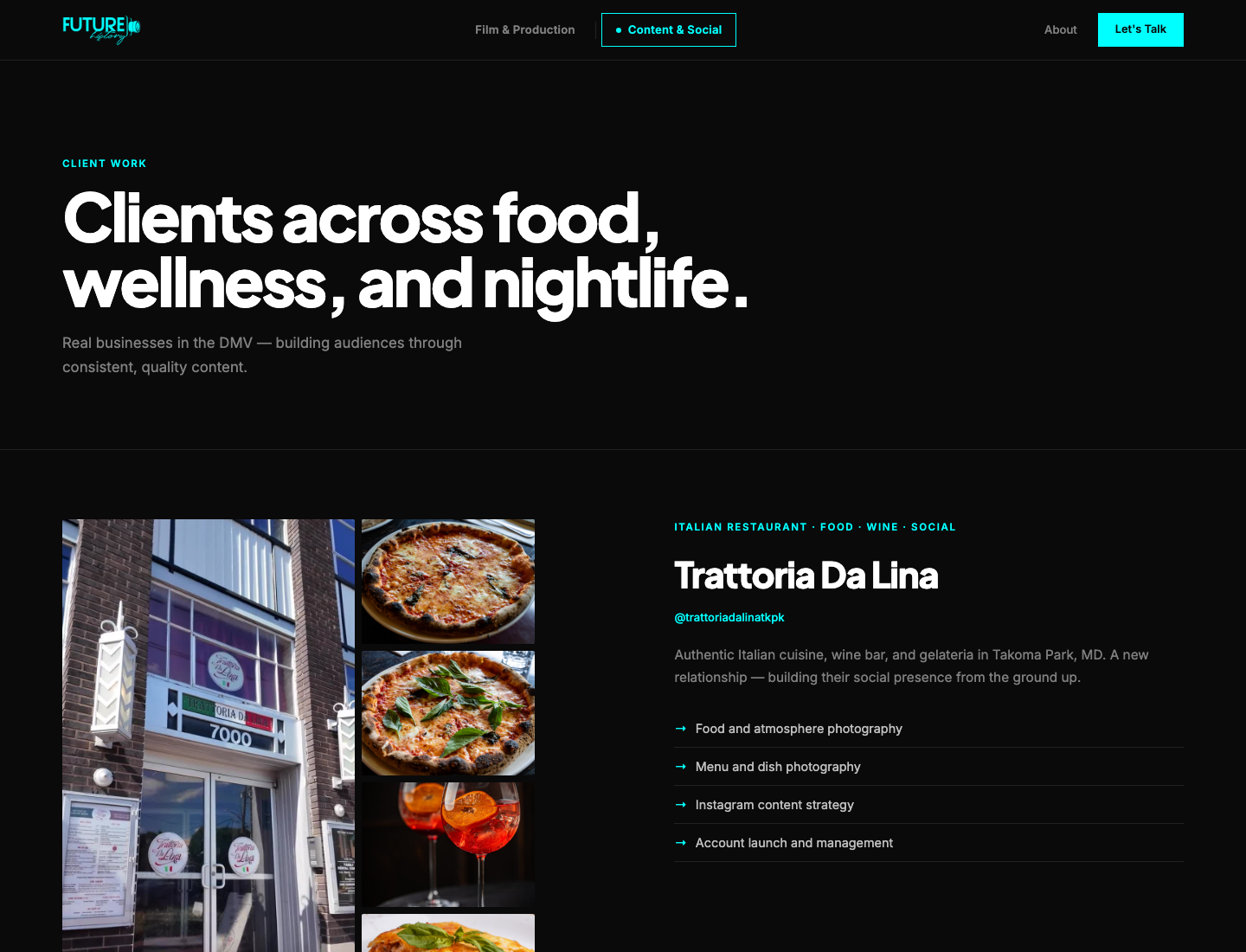 The live FutureHistory.tv Content and Social client-work page