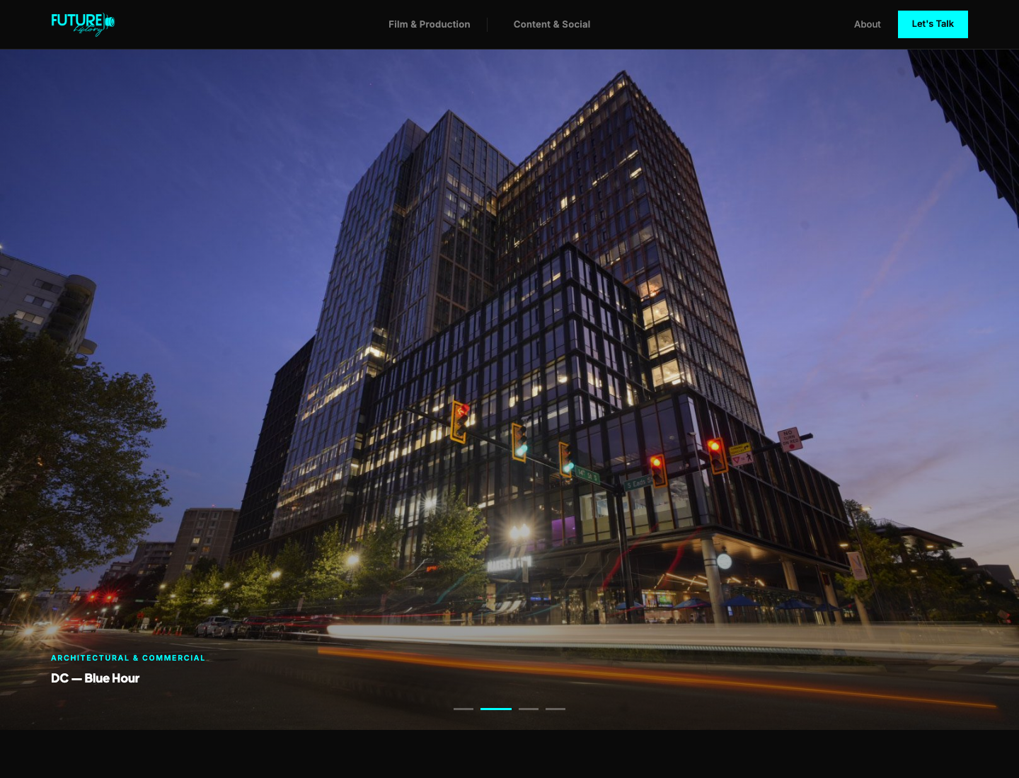 The live FutureHistory.tv homepage and featured production work