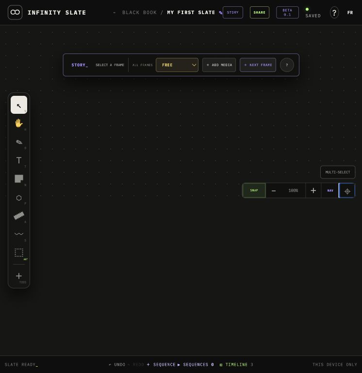 Live Infinity Slate Story mode with frames and sequencing controls