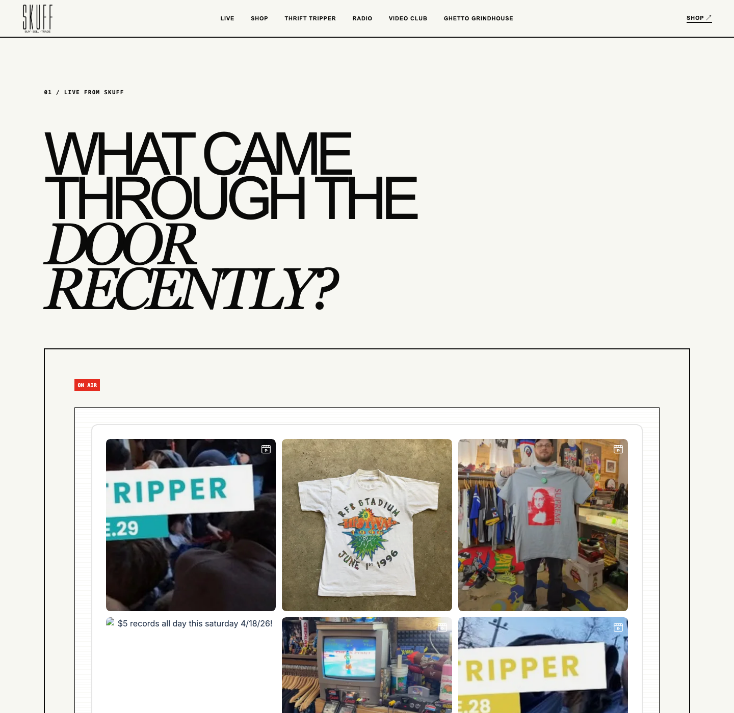 Skuff Store live page showing its editorial storefront and product feed